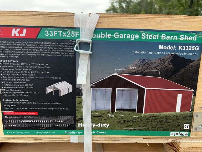 KJ K3325G 33'x25' Double Garage Steel Barn - 850 sq.ft., Two 102" Doors, Red-Brown image