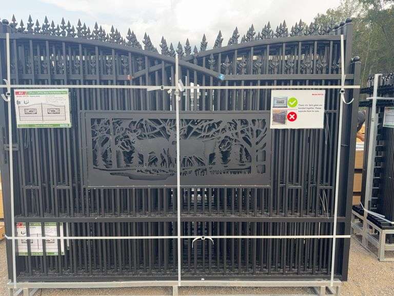 KJ K0720 7'x20' Metal Farm Driveway Gate - Deer Motif, Galvanized & Powder Coated image