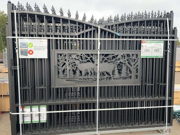 KJ K0720 7'x20' Metal Farm Driveway Gate - Deer Motif, Galvanized & Powder Coated image