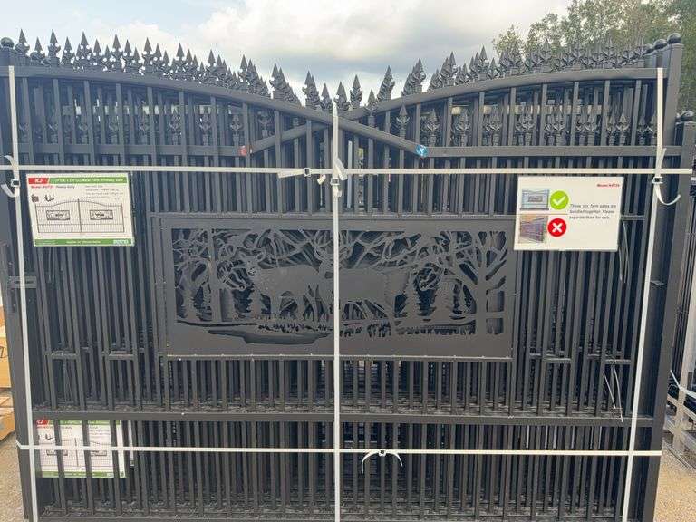 KJ K0720 7'x20' Metal Farm Driveway Gate - Deer Motif, Galvanized & Powder Coated image