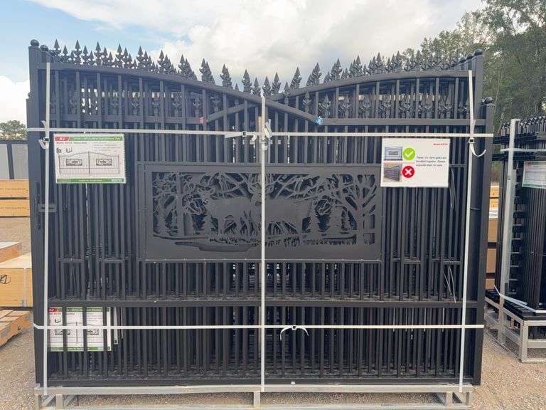 KJ K0720 7'x20' Metal Farm Driveway Gate - Deer Motif, Galvanized & Powder Coated image