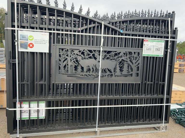 KJ K0720 7'x20' Metal Farm Driveway Gate - Deer Motif, Galvanized & Powder Coated image