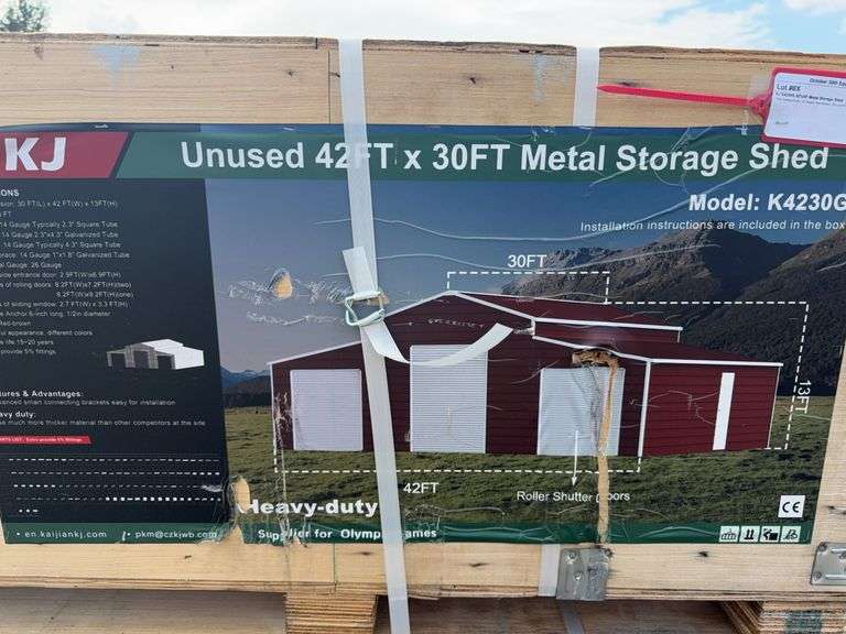 KJ K4230G 42'x30' Metal Storage Shed - Three Rolling Doors, 13' Height, Red-Brown image