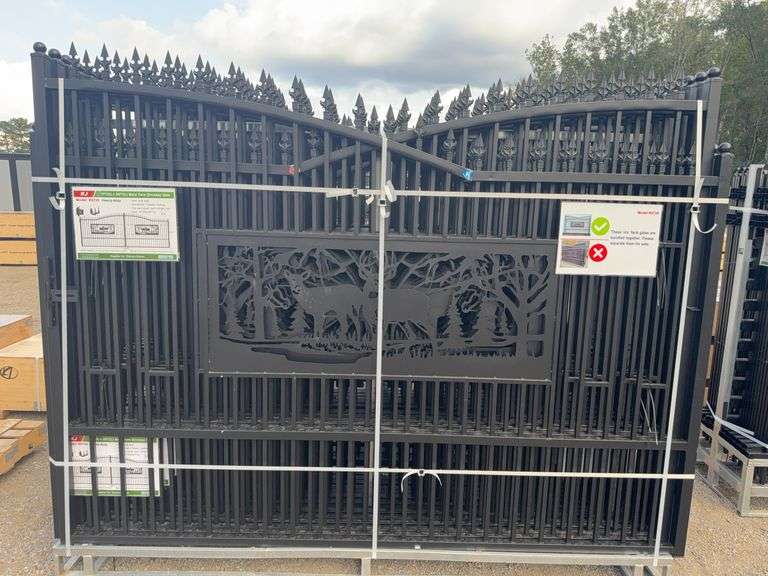 KJ K0720 7'x20' Metal Farm Driveway Gate - Deer Motif, Galvanized & Powder Coated image