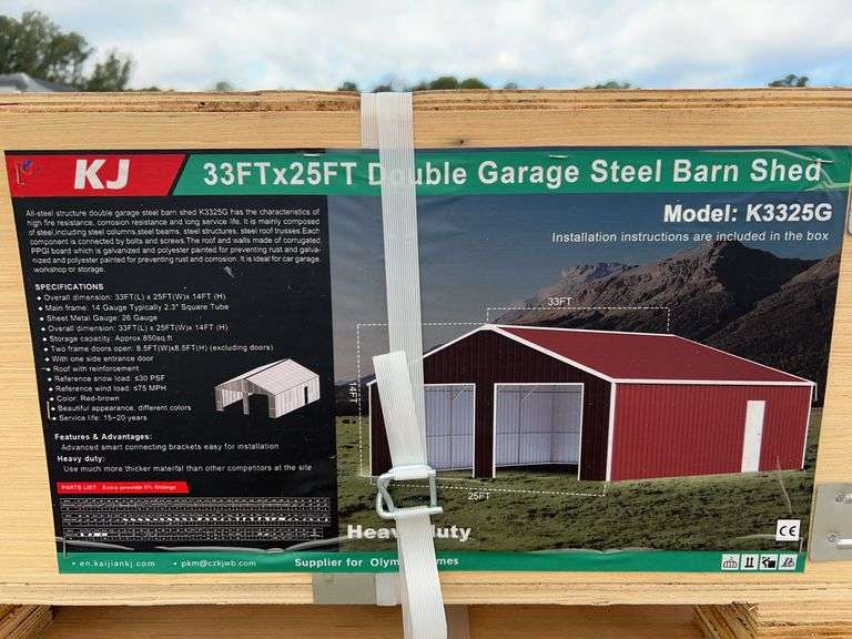 KJ K3325G 33'x25' Double Garage Steel Barn - 850 sq.ft., Two 102" Doors, Red-Brown image