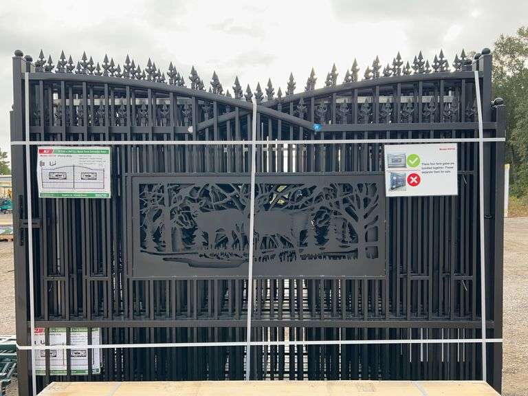 KJ K0720 7'x20' Metal Farm Driveway Gate - Deer Motif, Galvanized & Powder Coated image