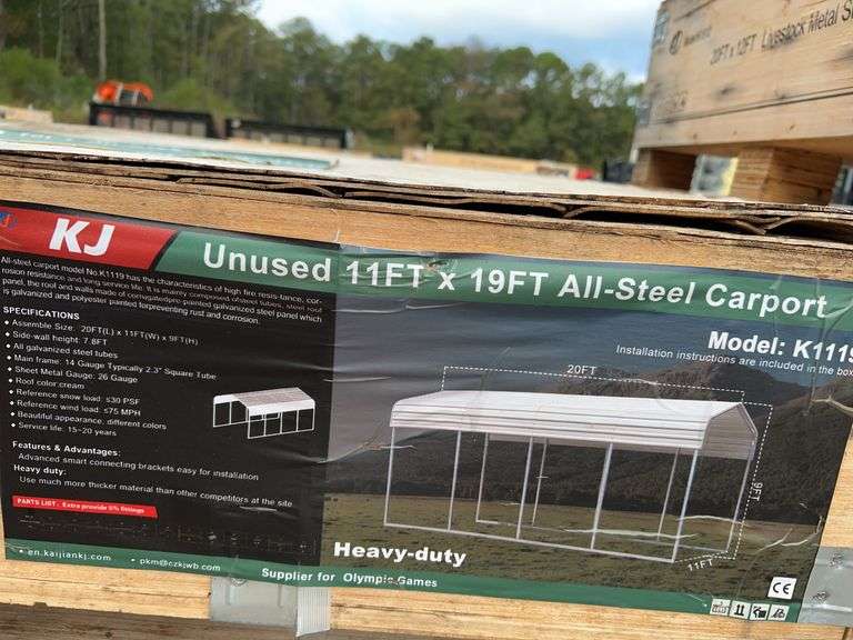 KJ K1119 11'x19' All-Steel Carport - 9' Height, Galvanized Frame, Cream Roof image
