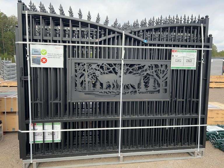 KJ K0720 7'x20' Metal Farm Driveway Gate - Deer Motif, Galvanized & Powder Coated image