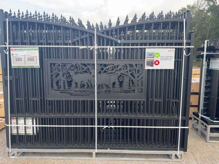 KJ K0720 7'x20' Metal Farm Driveway Gate - Deer Motif, Galvanized & Powder Coated image