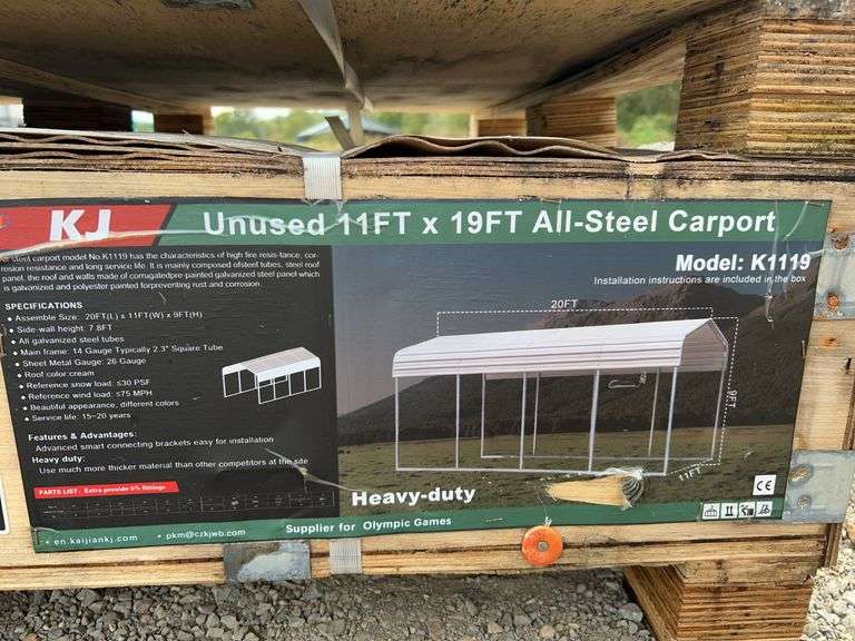 KJ K1119 11'x19' All-Steel Carport - 9' Height, Galvanized Frame, Cream Roof image