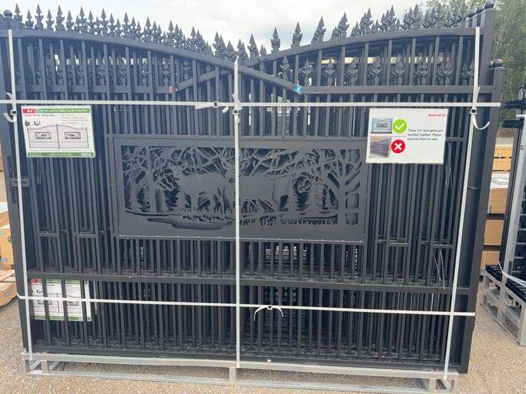 KJ K0720 7'x20' Metal Farm Driveway Gate - Deer Motif, Galvanized & Powder Coated image