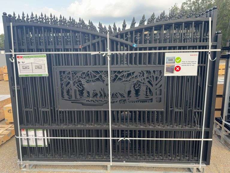 KJ K0720 7'x20' Metal Farm Driveway Gate - Deer Motif, Galvanized & Powder Coated image