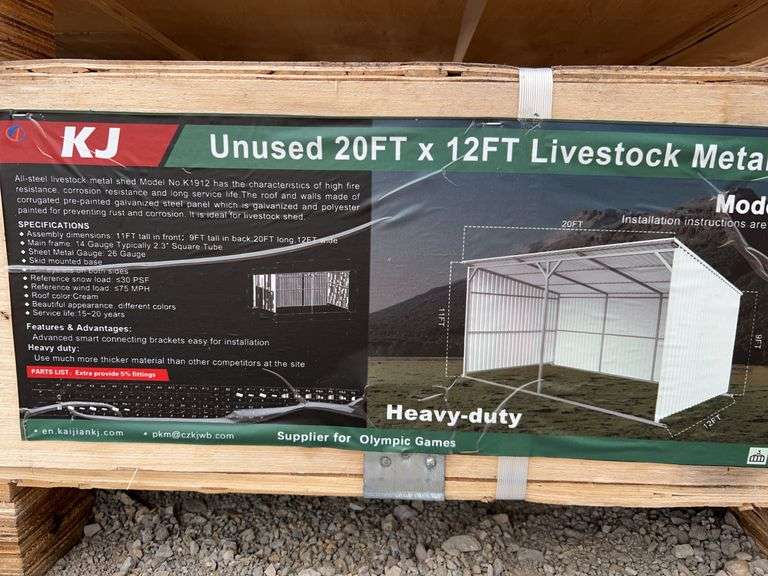 KJ K1912 20'x12' Livestock Metal Shed - Skid Mounted, 11' Front Height, Cream image