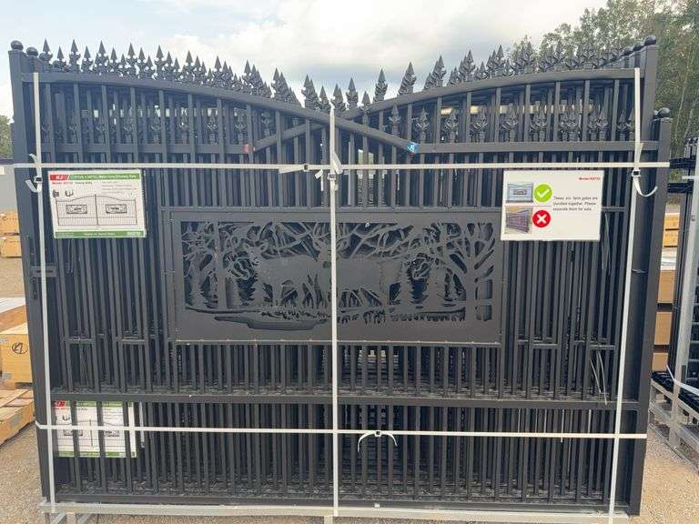 KJ K0720 7'x20' Metal Farm Driveway Gate - Deer Motif, Galvanized & Powder Coated image