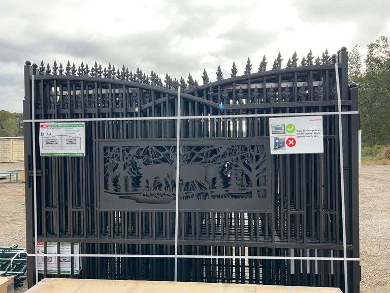 KJ K0720 7'x20' Metal Farm Driveway Gate - Deer Motif, Galvanized & Powder Coated image