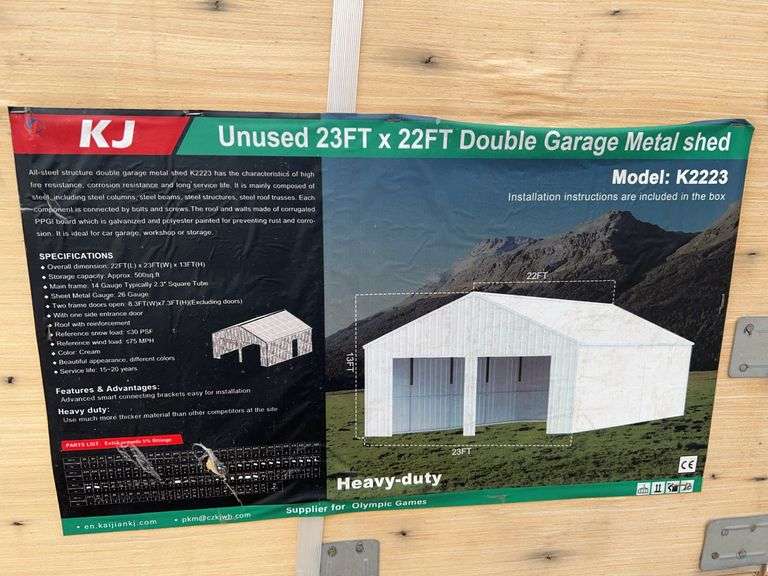 KJ K2223G 23'x22' Double Garage Metal Shed - 500 sq.ft., 13' Height, Red-Brown image