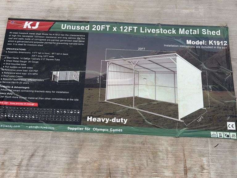 KJ K1912 20'x12' Livestock Metal Shed - Skid Mounted, 11' Front Height, Cream image