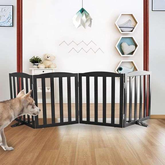 ZJSF Foldable Freestanding Indoor Dog Gate for House Wood Long Pet Gates Dog Fence for Stairs Puppy Gates for Hallways, Puppy Gate,Support Feet Included, Black, 24 "Height-4 Panels image