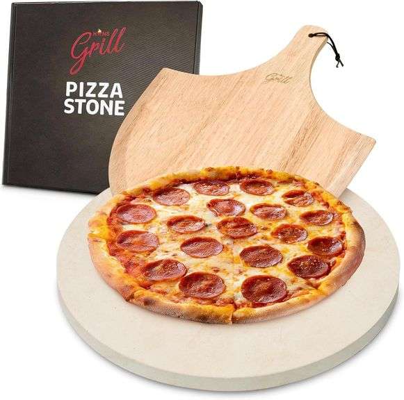 HANS GRILL PIZZA STONE | Circular Pizza Stone For Oven Baking & BBQ Grilling With Free Wooden Peel | Extra Large Round 15" Inches Diameter (38CM) Durable Cordierite Cooking Stone. image