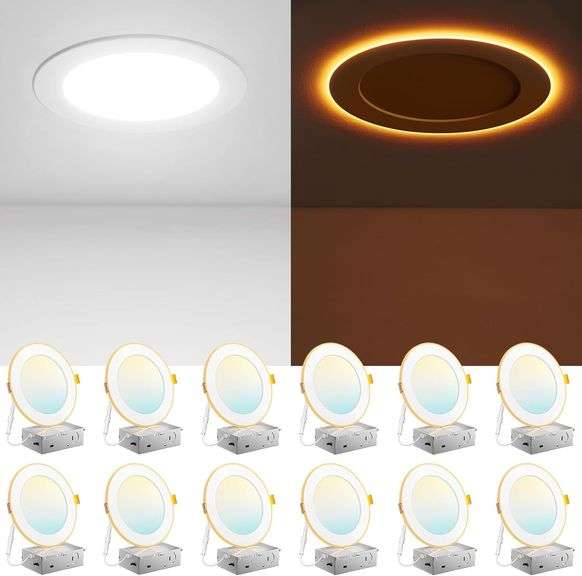 Amico 12 Pack 6 Inch 5CCT LED Recessed Ceiling Light with Night Light, 2700K/3000K/3500K/4000K/5000K Selectable Ultra-Thin Lighting, 12W=110W, 1100LM, Dimmable Canless Wafer Downlight ETL&FCC image