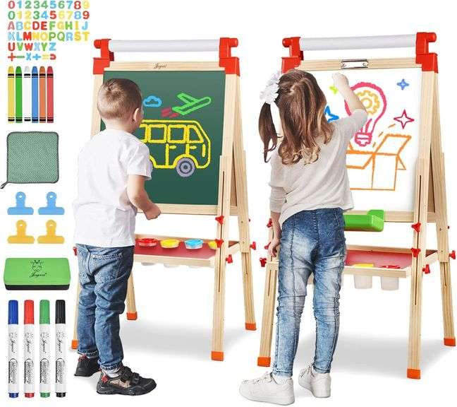 JOYOOSS Kids Wooden Easel with Paper Roll - Adjustable Magnetic Double Sided Drawing Board Whiteboard & Chalkboard Dry Easel Board,Children Art Easel for 3~12 Years Kids Boys Girls Painting Drawing image