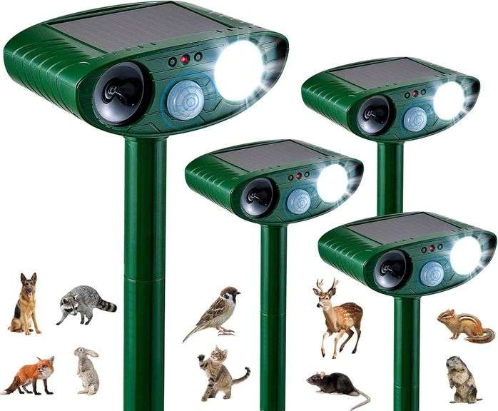 4 Pack Solar Animal Repeller for Raccoons, Deer & Squirrels - Ultrasonic & Strobe Light, Outdoor Deterrent for Cats, Dogs, Raccoons, Rabbits, Skunks, Foxes & More image