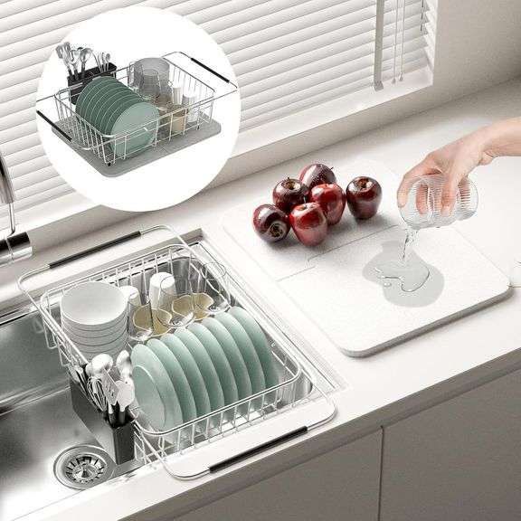 Stainless Steel in Sink Dish Drying Rack -Expandable Dish Drying Rack,drainers for Kitchen Counter,with Stainless Steel Cutlery Rack and Quick-Drying diatomite mat image