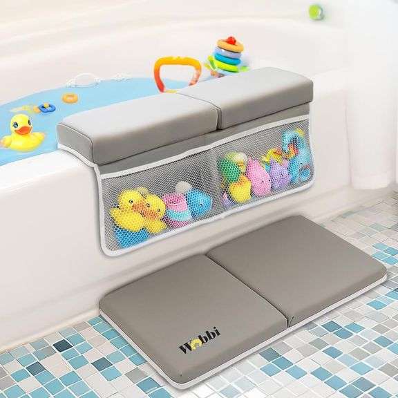 Baby Bath Kneeler and Elbow Rest Pad Set | 1.5" Thick Painless Memory Foam Knee Pad for Bathing Babies | 6 Suction Cups Non Slip Bathtub Kneeling pad with Toy Storage | Foldable & Quick Drying-Grey image