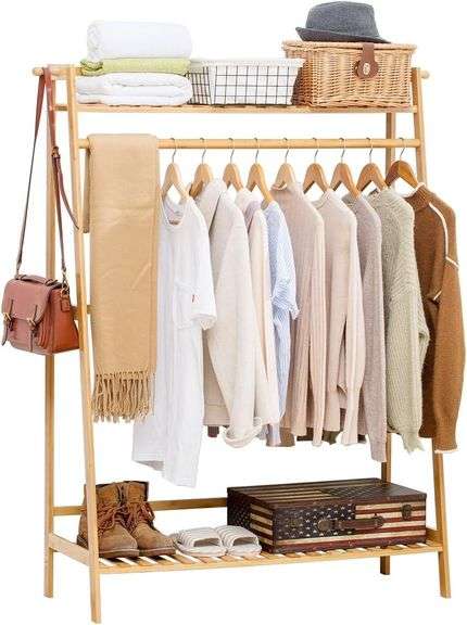COPREE Bamboo Garment Coat Clothes Hanging Heavy Duty Rack with top Shelf and Shoe Clothing Storage Organizer Shelves image