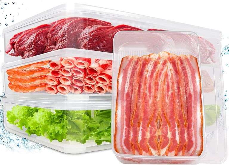 4PCS Deli Meat Container for Fridge,Plastic Bacon Container for Refrigerator,Large Lunchmeat Cold Cuts Storage Containers for Fridge,Christmas Cookie Holder with Removable Drain Plate and Lid image