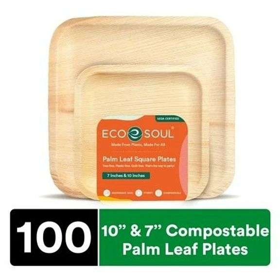 ECO SOUL 100% Compostable 10 Inch & 7 Inch Palm Leaf Plates 100-Pack I Premium Disposable Plates Set I Heavy Duty Eco-Friendly Bamboo Plates like I Biodegradable Party Plates Pack image