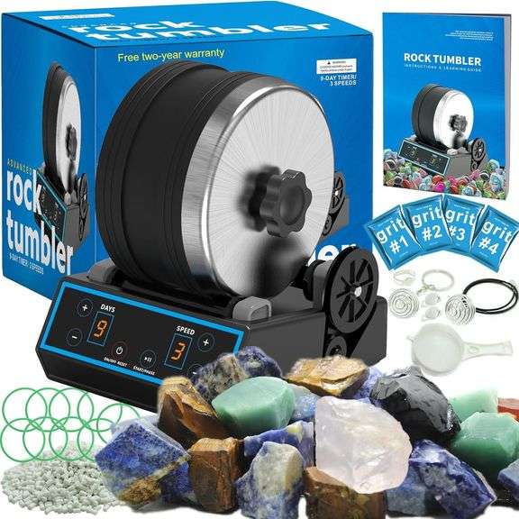 AliKids 3.6LB Professional Rock Tumbler Kit with 9 Belts, 3 Speed Settings & Digital 9-Day Timer, Rough Gemstones, 4 Polishing Grits image