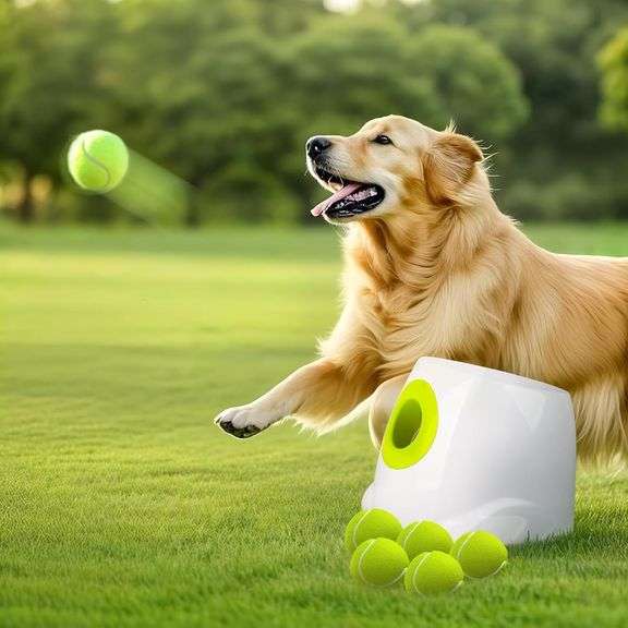 ALL FOR PAWS Automatic Ball Launcher for Dogs Interactive Puppy Pet Ball Outdoor Thrower Fetch Machine, 6 Balls Included (2.5 inch) for Medium to Large Dogs, Rechargeable Battery image