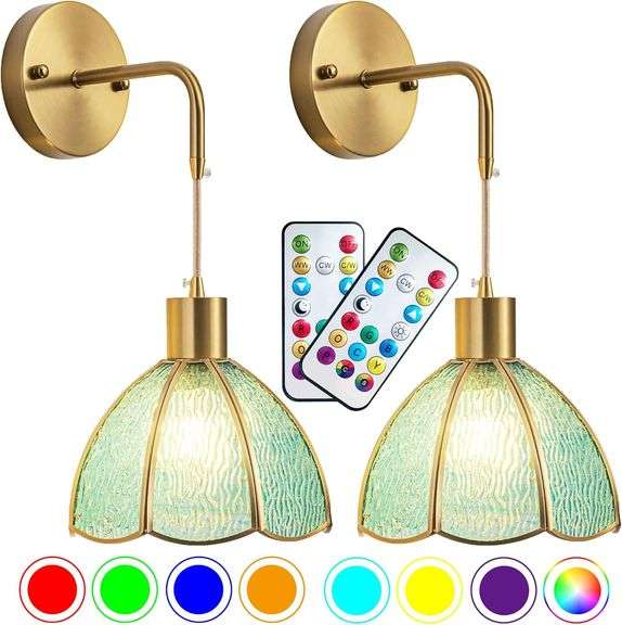 Battery Operated Wall Sconces Set Of Two, Indoor Not Hardwired Battery Wall Light With Remote Control, RGB Color Changing Dimmable Battery Powered Wall Lamp For Bedroom, Easy To Install, Bulb Included image