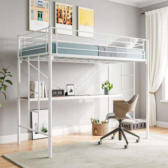 JURMERRY Metal Loft Bed with Desk & 2 Built-in Ladders,Safety Guard Rail, Space-Saving Design, No Box Spring Needed, Twin White image