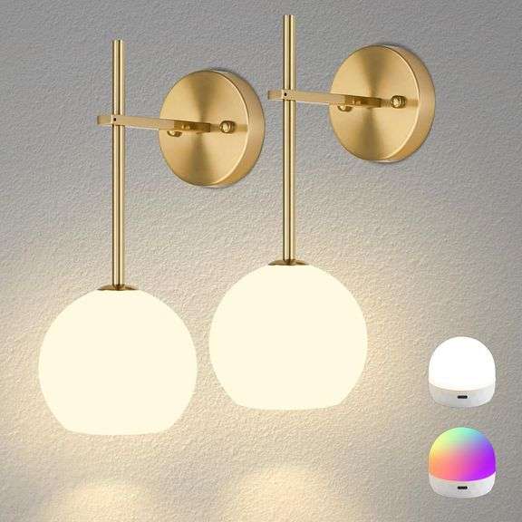 Gold Battery Operated Wall Sconces Set of 2, Rechargeable Wireless Wall Lights with Milky White Frosted Glass Shade, 12 RGB and 3CCT Dimmable, Wall Lamps with Remote for Bedroom Living Room Hallway image