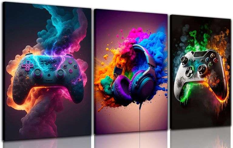 Gaming Room Decor - Wall Art Set of 3, Video Gaming Theme, Framed 16x24in Canvas Posters for Teen Boys Room image