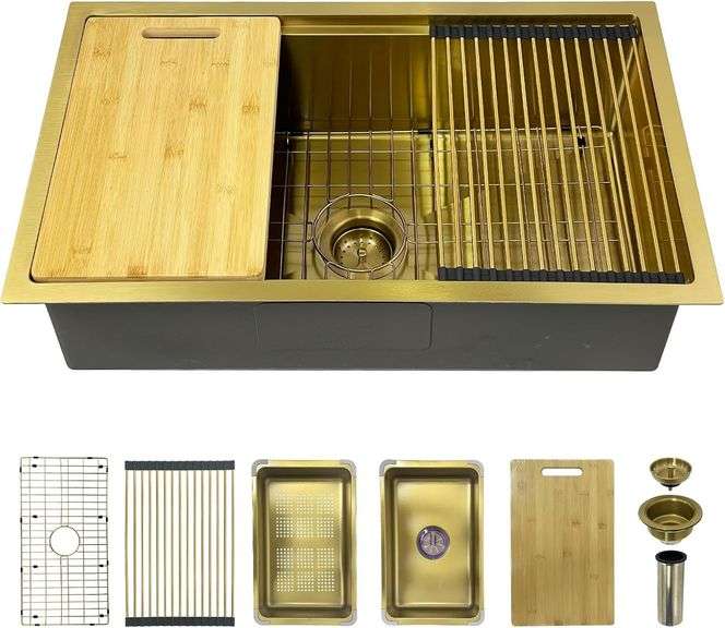 Gold Kitchen Sink Workstation, 30"x 18" Stainless Steel Single Bowl Kitchen Sink Workstation Undermount Or Top mount Workstation Sink With Matching Gold-tone Accessories For Luxurious Modern Kitchen image