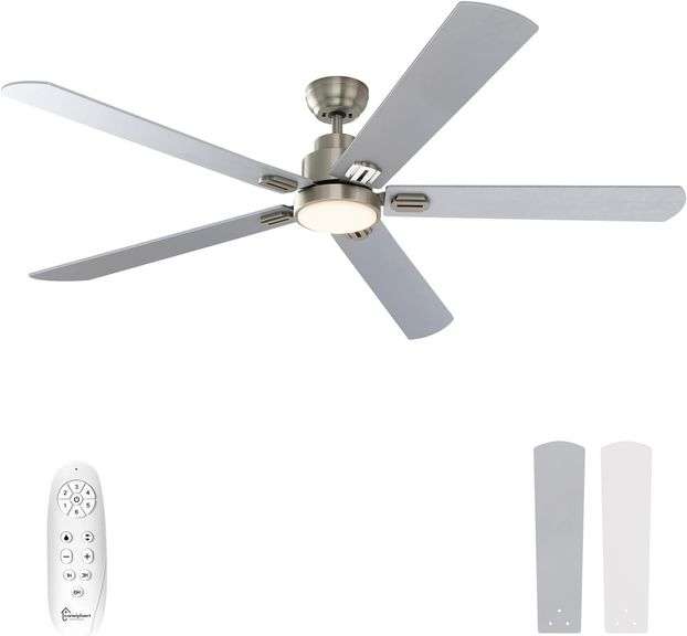 warmiplanet 62 Inch Indoor Ceiling Fans with Lights, 6 Speeds Slient Reversible DC Motor, 3 Color Dimmable LED Light, Timer, Brushed Nickel, 5 Blades image