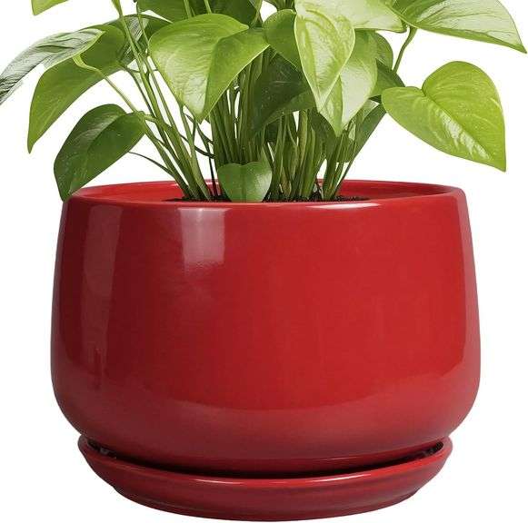 G EPGardening Ceramic Plant Pots - 9 Inch Flower pots for Indoor Outdoor Plant, Round Planter with Drainage and Saucer, Modern Home Decor, Gift for Women Men, Red image