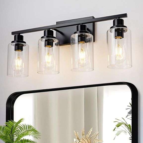 4 Light Black Bathroom Vanity Light Fixture Over Mirror Modern Farmhouse Wall Lighting Sconces Industrial Wall Lamp for Bathroom Bedroom Living Room E26 Socket with Glass Shade image
