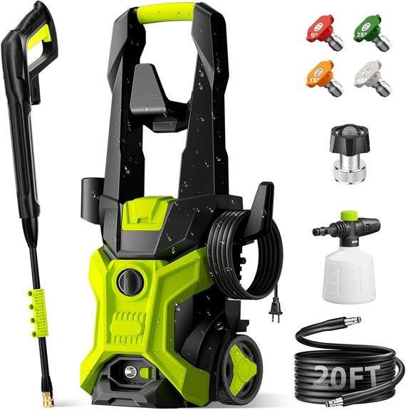 Electric Pressure Washer - 2.5 GPM Portable Lightweight Power Washer, 4 Quick-Connect Nozzles & Adjustable Soap Tank Pressure Washers for Cars, Driveways, Patios, Fences, Decks, Facade, Home Cleaning image