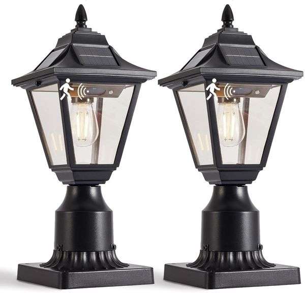 2 Pack Solar Post Lights, Motion Sensor Solar Lamp Post Lights with Pier Mount Base, Outdoor Waterproof Post Lantern for Yard Garden Pole Pillar image