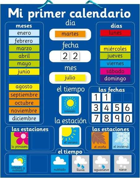 Magnetic My First Learning Calendar in Spanish. Rigid Board 16" x 13", 40 x 32cm with Hanging Loop. Move Magnets Daily to Show Day, Date, Month, Season and Weather image