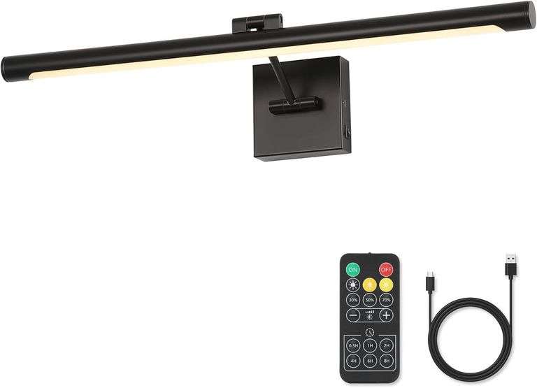 Joosenhouse Battery Operated Picture Lights for Wall Rechargeable Art Lighting for Paintings Wireless Gallery Lights with Remote Control and Timed Dimmable with Single Swing Arm 24.4 Inch Black image