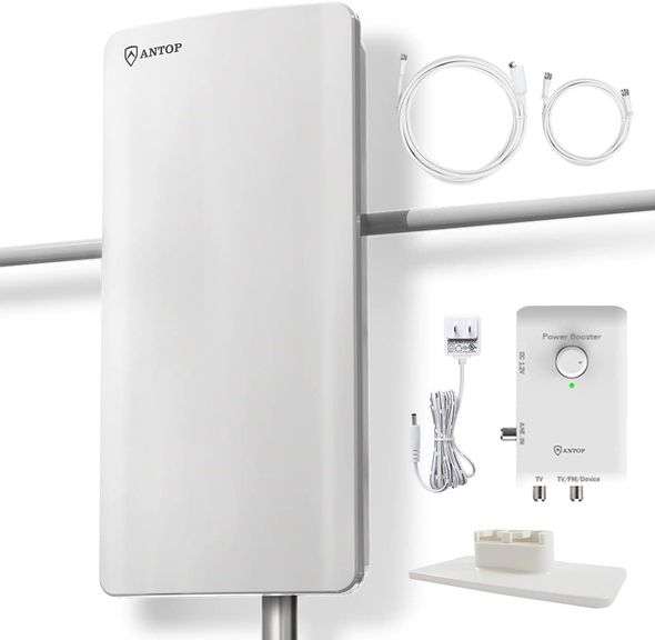 ANTOP HDTV   FM Amplified Antenna 85 Miles AT-800SBS with Dual Outputs Smart Boost System, Support TV and Second Device-FM Stereo, a Second TV or Any OTA-Ready Streaming Device or Projector image