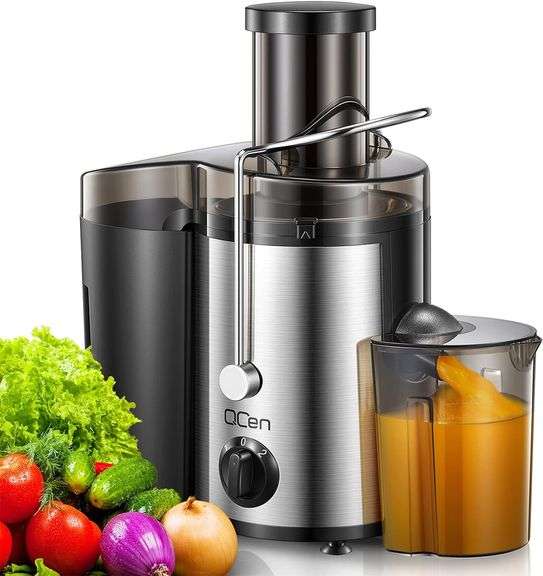 QCen Juicer Machine, 500W Centrifugal Juicer Extractor with Wide Mouth 3  Feed Chute for Fruit Vegetable, Easy to Clean, Stainless Steel, BPA-free (Black) image