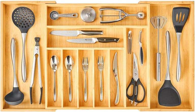 Umilife Extra Large Expandable Kitchen Siverware Utensils Drawer Organizer, 19" Deep for Big Drawer, Adjustable Bamboo Wood Drawer Divider with Curved Grooves, Cutlery Tray Flatware Holder image