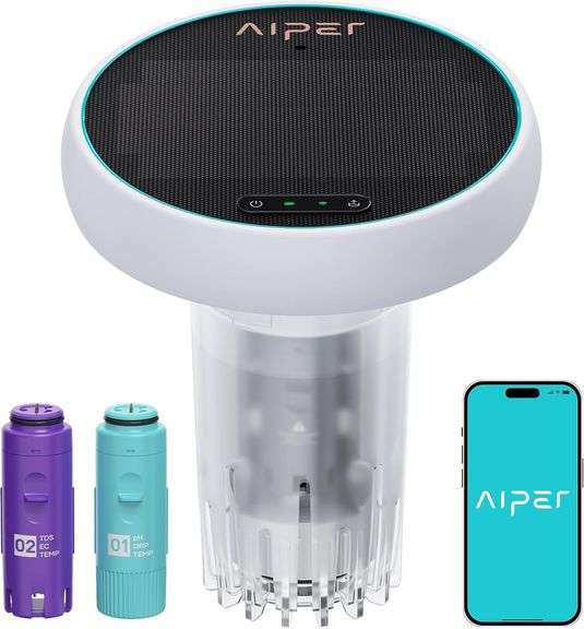 AIPER HydroComm Smart Pool Monitor, 24/7 Digital Water Testing for Pools, Hot Tubs & Spas, 5-in-1 Accurate Testing, App Control, Customized Optimization Tips, White image