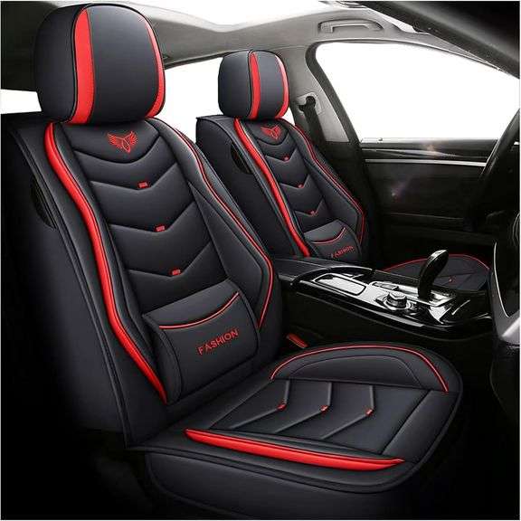 Leather Car Seat Covers,Full Coverage Seat Covers Full Set with Fix Lumber Support,Universal Automotive Seat Covers for Cars,SUVs,Trucks and Sedans (Black&Red, Full Set) image